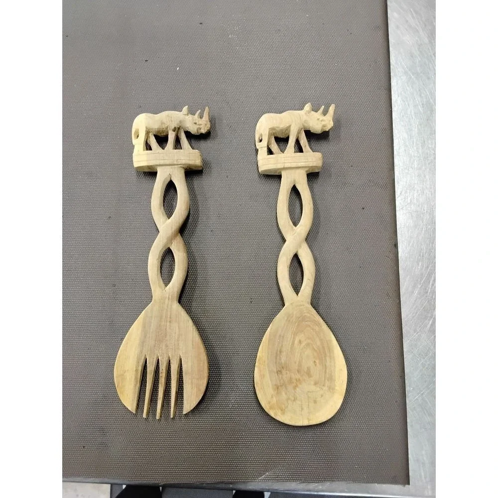 Handcarved Wooden Rhino Salad Servers African Safari Kitchen Utensils Set